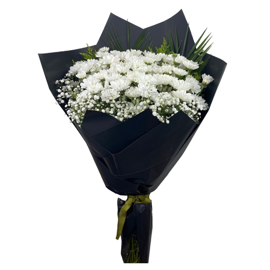  Siyah Ambalaja Sarılmış Beyaz Papatya Buketi (~35 cm)