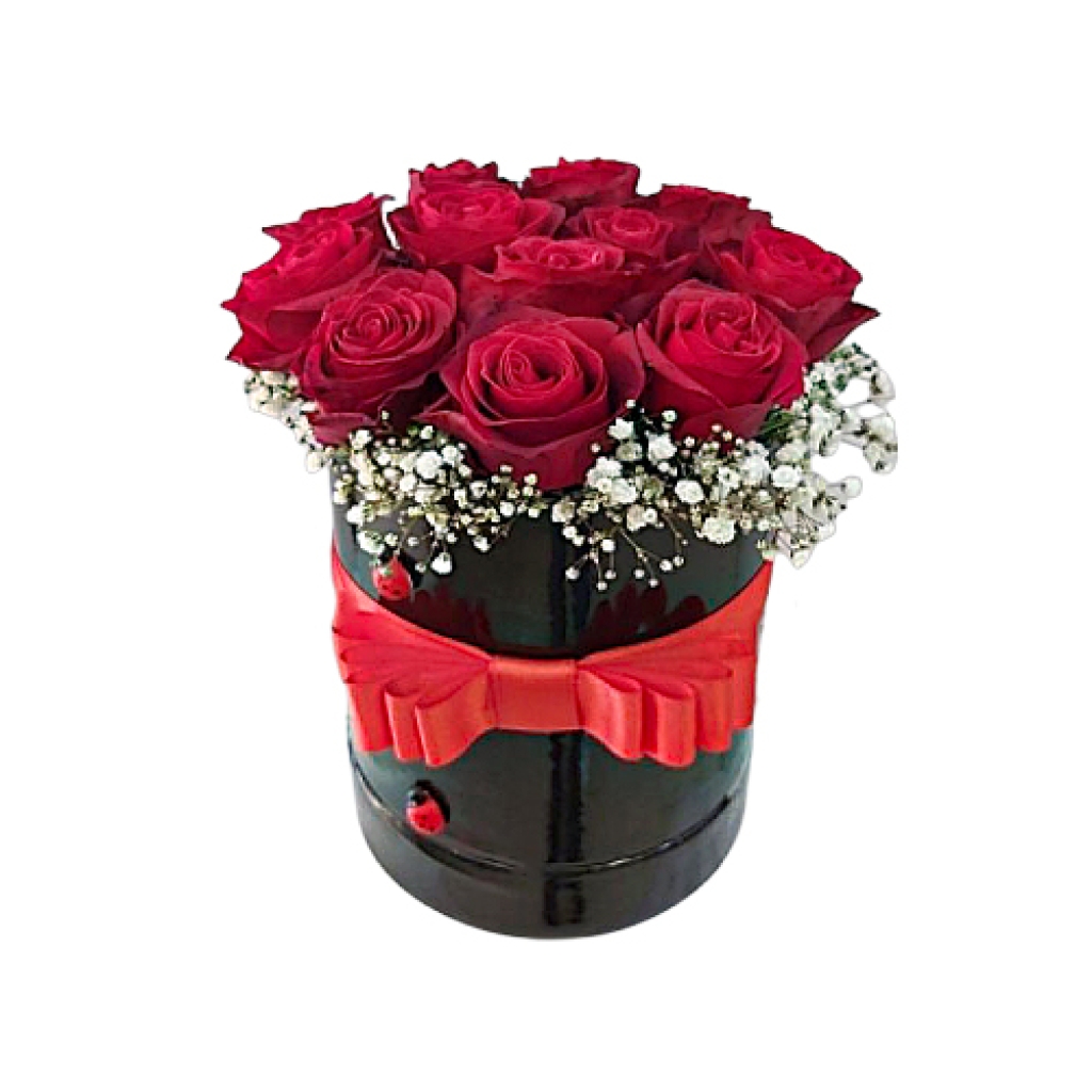  Siyah Silindir Kutuda Kırmızı Güller (10'lu - ~40 cm)