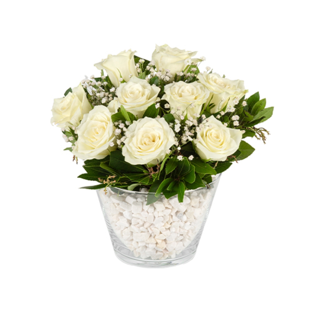  Taşlı Konik Cam Vazoda Beyaz Güller (9'lu - ~35 cm)