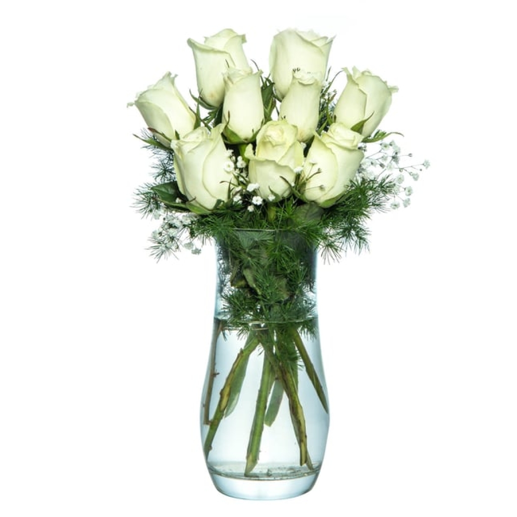  Paşabahçe Silindir Cam Vazoda Beyaz Güller (9'lu- ~35 cm)